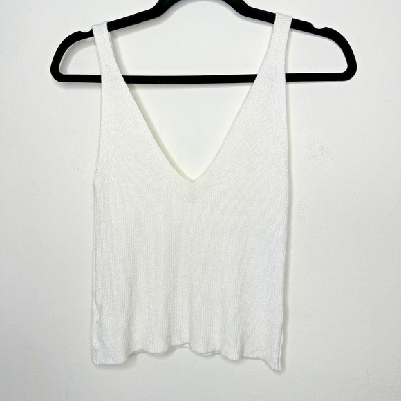 White Deep V Front & Back Sleeveless Tight Knit Tank Top Crop Sweater Small - Picture 4 of 10